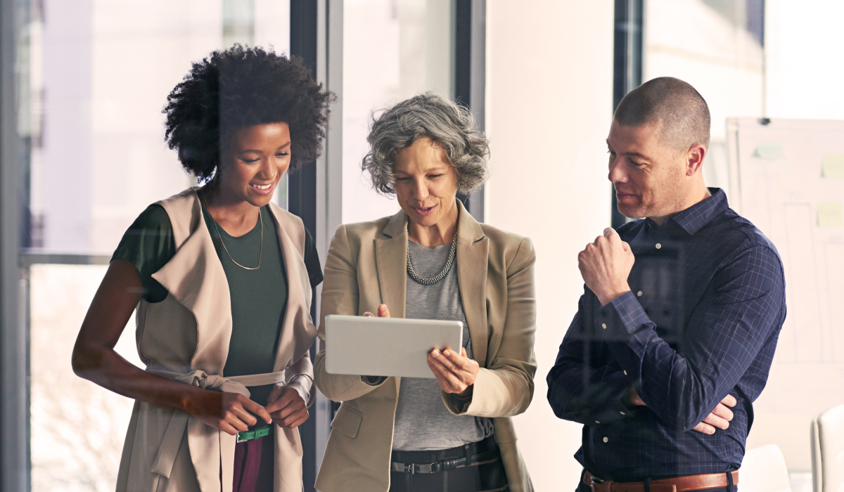 people chatting in a workplace